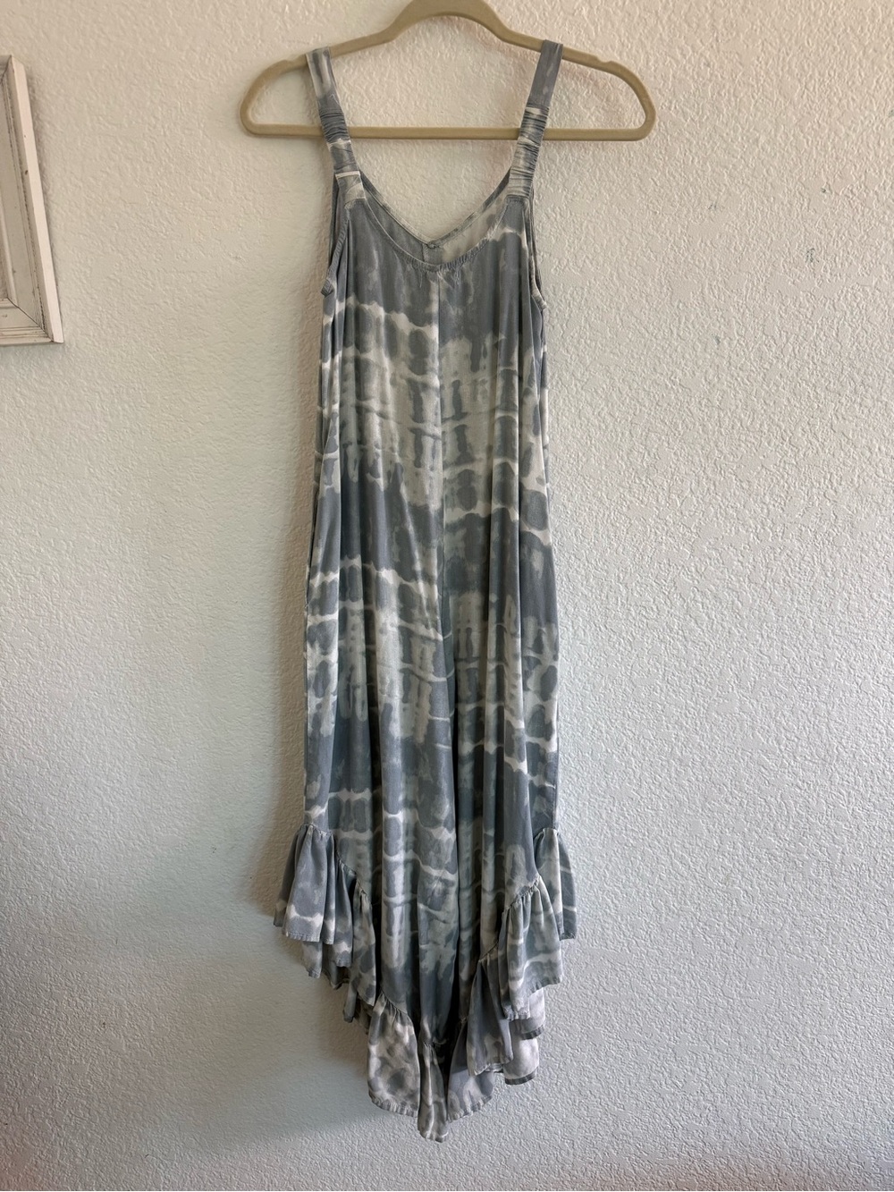 Japna Tie Dye Wide Leg Boho Jumpsuit Ruffle Hem Pockets Blue Gray Small - Picture 3 of 4